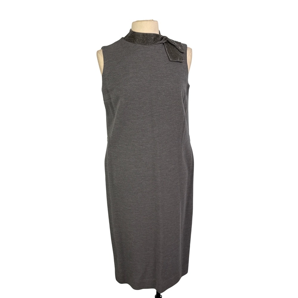 Vintage Grey Sleeveless Knit Sheath Dress Beaded‎ Collar Bow Accent, 38 bust